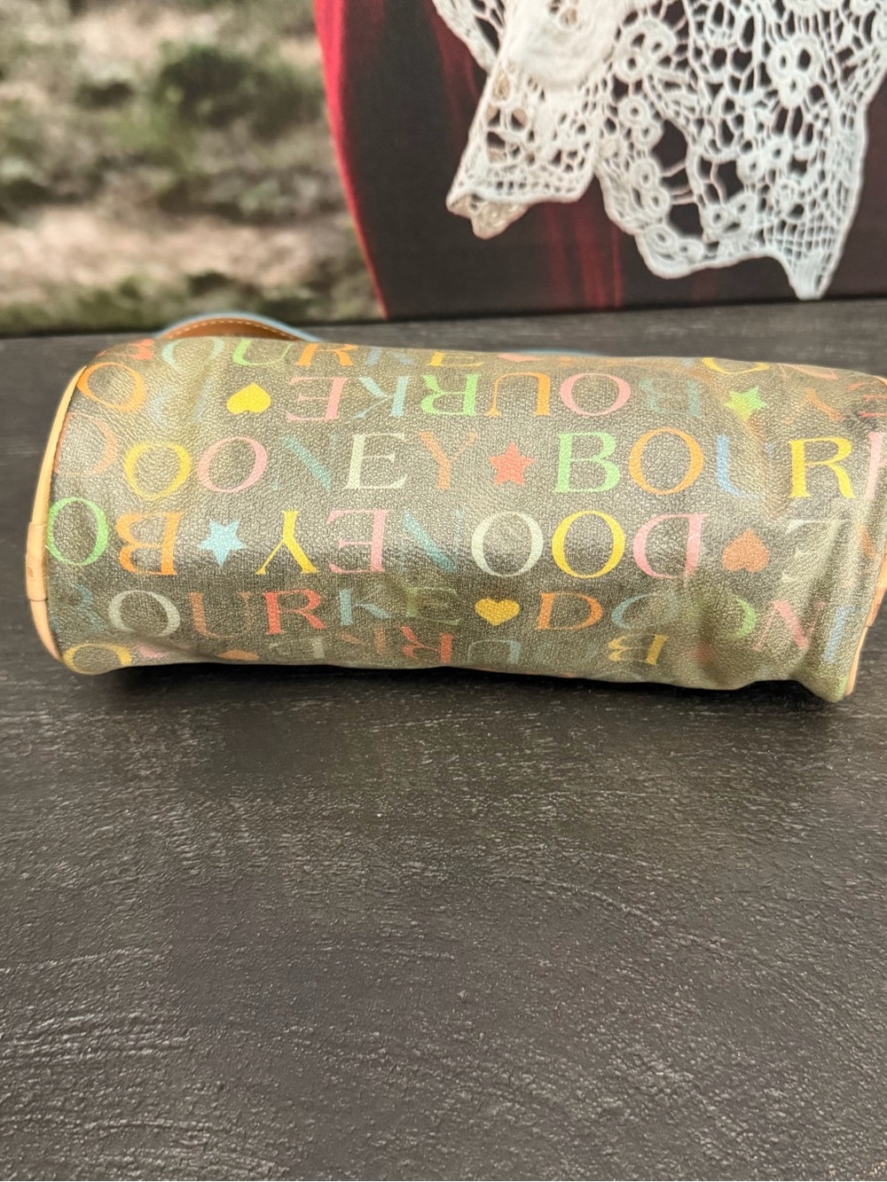 Vintage Dooney & Bourke Multicolor Script mini shoulder barrel bag - Picture 4 of 10